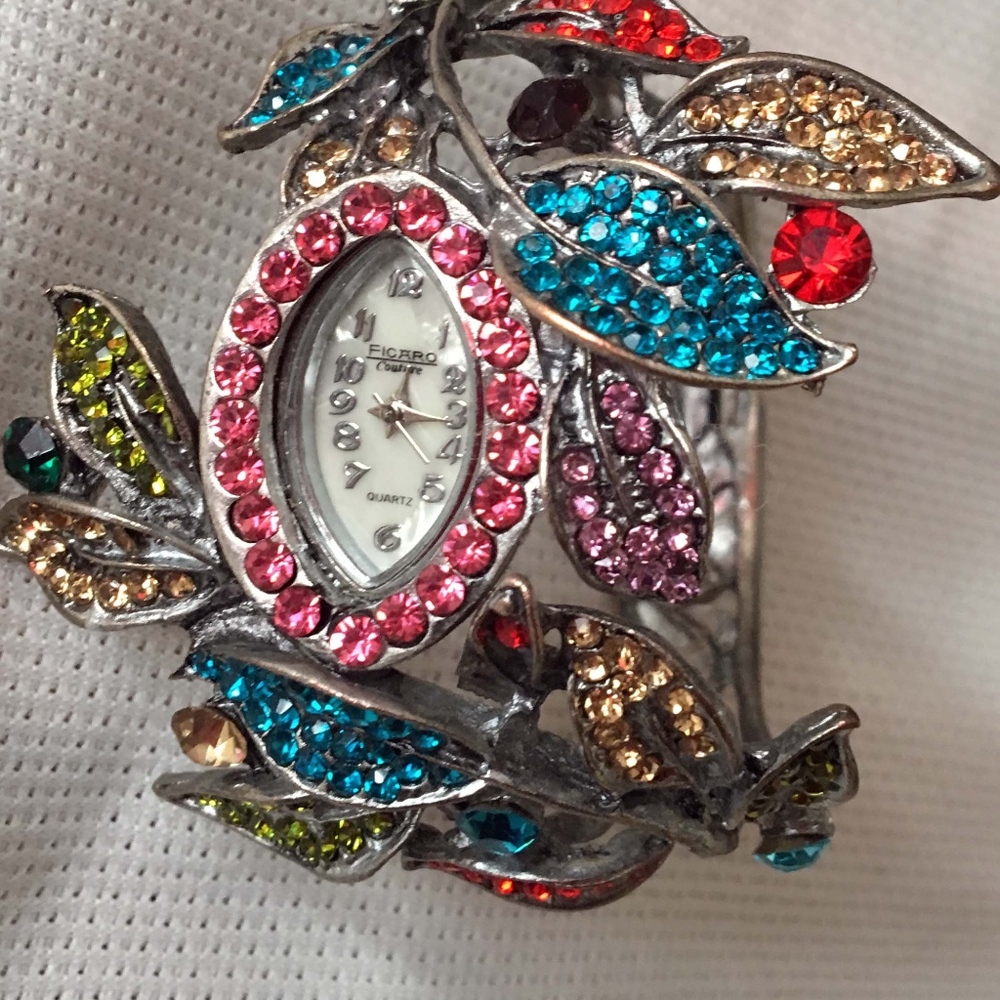Colored Rhinestone Floral Bracelet Watch